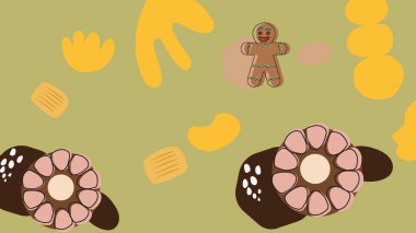 Büyük kurabiyeler, ızgara bisküviler ve tatlı temalı yaratıcı projeler için tasarlanmış toprak ve koyu tonlu şeker damlaları içeren oyuncu sarı arka plan..