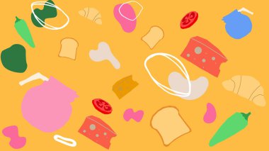 Peynir, tost, kruvasan, sebze ve soyut kahvaltı öğeleriyle dolu parlak sarı-turuncu bir düzen..