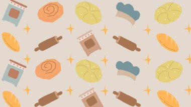 Yumuşak bej arka planda merdaneler, un torbaları, aşçı şapkaları ve rahat ve profesyonel bir fırın tasarımı için çeşitli pişirilmiş ürünler yer alıyor..