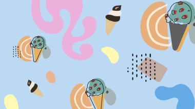 Gümüş küvetlerde karışık dondurma kepçeleri ve şeftali arka planda eğlenceli yemek ikonları. Ürün ambalajı, yaz menüleri ve tatlı tasarımlar için harika..