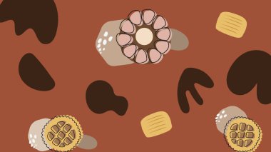 Parlak sarı desenli çikolata parçalı kurabiyeler ve renkli tatlı temalı şekerlerle süslenmiş kırmızı ve kahverengi soyut şekerler..