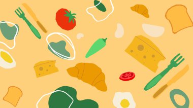 Peynir, kruvasan, yumurta, tost, domates ve kap kacak içeren eğlenceli sarı arka plan..