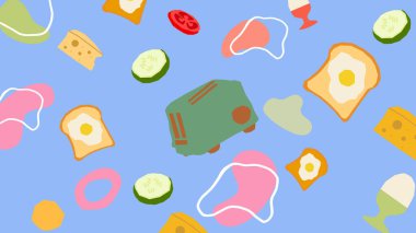 Ekmek kızartma makineleri, tost makineleri, yumurtalar, peynir ve sebzelerle dolu tuhaf, açık mavi arka plan, kahvaltılık yemek illüstrasyonları veya kafe maraları için ideal..