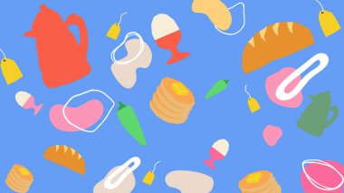 Çay poşetleri, krepler, haşlanmış yumurtalar ve biberlerle dolu canlı mavi bir düzen, modern ve neşeli bir kahvaltı besin çizimi oluşturuyor..