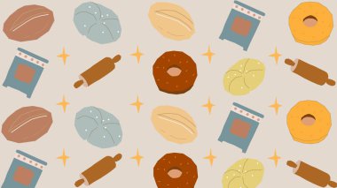 Renkli çöreklerle, oklavalarla, ekmek ve un çuvallarıyla dolu bej bir fırın tezgahı. Yumuşak bir mutfak kompozisyonunda dizilmiş..