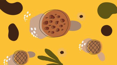 Çikolata parçalı kurabiyeler, girdaplı bisküviler ve organik şeker şekilleriyle dolu eğlenceli koyu kahverengi arka plan, neşeli, tatlı temalı tasarım kavramları için idealdir..