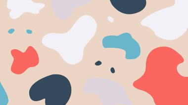 Kırmızı, lacivert, beyaz ve mavi renkli lekelerle bej arkaplan. Tasarım projeleri için modern ve neşeli kompozisyon.