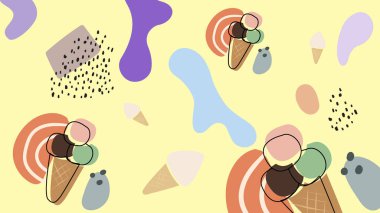 Çizgi film vanilyalı çikolatalı dondurma külahları açık mor üzerinde kalın şekilli. Tatlı ikram temaları ve çocuk tasarımları için mükemmel..