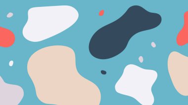 Donanma, bej ve beyaz organik kabarcıklar içeren yumuşak mavi arkaplan. Şık görsel malzemeler için sakin ve modern görünüm.