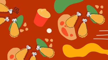 Soslu kızarmış tavuk budu ve kırmızı arka planda soyut şekiller. Fast food temaları, menüler ve abur cubur görselleri için harika..