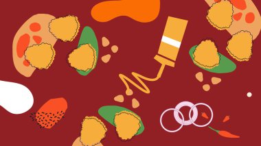 Kızarmış tavuk, patates kızartması ve turuncu arka planda soslar. Atıştırmalık menüler, fast food markaları ve sıradan yemek çizimleri için harika..