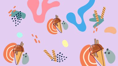 Yumuşak mor üzerine renkli soyut şekiller çizilmiş el yapımı çikolatalı dondurma külahları. Tatlı markalaşması, neşeli ambalajlar ve çocuk tasarımları için ideal..