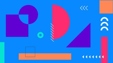 Mavi tabanlı, yarı daireler, üçgenler ve desenli şekiller içeren oyuncu bir tasarım. Teknolojik görseller ve moda sunumlar için uygun.