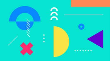 Soyut sembolleri ve dengeli yerleşimi olan renkli bir tasarım. Web siteleri, kapaklar ve görsel hikaye anlatımı için harika.