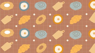 Kahverengi ızgara yüzeyi kesme tahtaları, sahanda yumurtalar, pastalar ve kruvasanlarla güzelce aralıklı ve görsel olarak lezzetli kahvaltı tarzı.