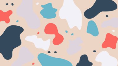 Kırmızı, mavi, donanma ve beyaz serbest formlu bej sanatsal arka plan. Eğlenceli markalaşma ve yaratıcı görsel tasarım için mükemmel..