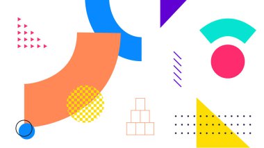 Kalın kıvrımlı ve köşeli şekiller beyaz üzerine canlı tonlarda. Yaratıcı reklamcılık ve teknolojik görseller için göz alıcı tasarım.