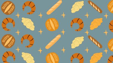 Pastanenin kruvasan, baget, yuvarlak ekmek ve ışıltılı mavi ızgara arka planı, pişirme ya da kahvaltı temalı projeler için mükemmel bir düzeni var..