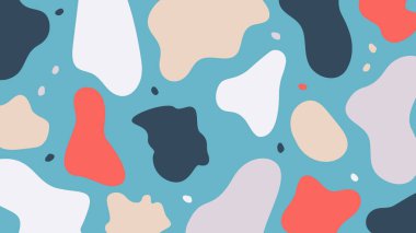 Kırmızı, bej ve lacivert renkli çok renkli organik formlarla dinamik mavi arka plan. Görsel içerik ve dekor için cesur ve yaratıcı tasarım.