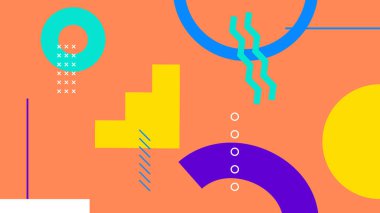 Turuncu üzerine sarı, mor ve siyan geometrik şekilli parlak ve modern tasarım. Teknoloji, müzik ve canlı yaratıcı tasarımlar için harika..