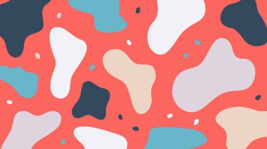 Mavi, bej ve mor tonlarda soyut lekelerle dolu parlak kırmızı arkaplan. Oyuncu ve enerjik görsel stil.