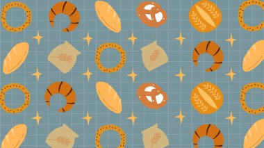 Ekmek, simit, kraker, kruvasan ve yıldızlı buğday torbalarını zanaatkar ekmek ve fırın temaları için gösteren mavi ızgara arka plan.