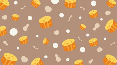 Çizgi film dilimleri ve bej üzerine üçgen elementlerle kusursuz bir arka plan. Eğlenceli, eğlenceli ve yemek temalı tasarım..