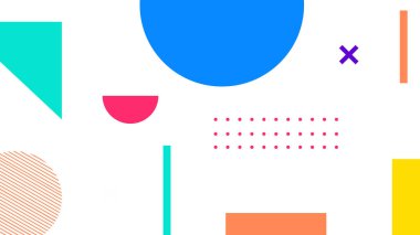 Beyaz üzerinde daireler, çizgiler ve renkli bloklar olan soyut bir kompozisyon. Moda projeleri için mükemmel bir dijital sanat düzeni.