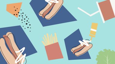 Resimli sosisliler, domates dilimleri, otlar ve mercan sosu. Fast food menüleri, çocuk yemekleri ve markalaşma görselleri için mükemmel..