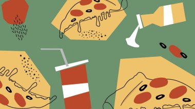 Yapışkan pizza dilimleri, ketçap şişeleri ve yeşil şarap. Atıştırmalık yiyecek markası, eğlenceli menü tasarımı ve pizza temalı projeler için harika..