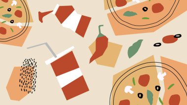 Soda, sos ve bej üzerine kırmızı biberli taze vejetaryen pizzaları. Pizza reklamları, yemek içeriği ve restoran markaları için harika..