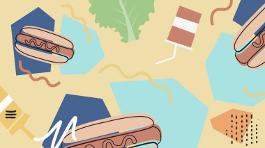 Yeşil kalede eğlenceli sosisler, sebzeler, içecekler ve baharatlar. Yemek festivali görselleri, atıştırmalık logoları ve restoran markaları için harika..