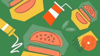 Renkli sosisliler, çörekler, gazoz ve yeşil üzerine domates dilimleri. Fast food ambalajları, restoran broşürleri ve eğlenceli atıştırmalıklar için ideal.