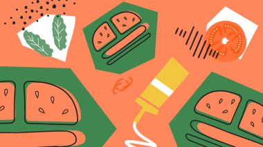 Resimli sosisliler, domates dilimleri, otlar ve mercan sosu. Fast food menüleri, çocuk yemekleri ve markalaşma görselleri için mükemmel..