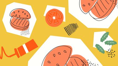 El yapımı hamburgerler, domatesler, yeşiller ve sarı bir üste ketçap. Lokanta markaları, hamburgerciler ve eski fast food tasarımları için harika..