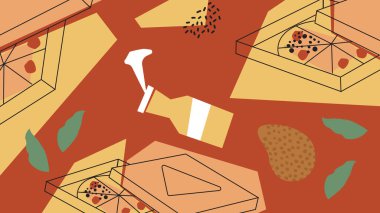 Düz pizza kutuları, sos şişeleri ve kırmızı üzerine atıştırmalık şeyler. Yemek teslimatı, fast-food markası ve şehir yemekleri için ideal..