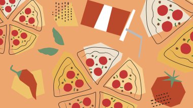 Biberli pizza, içecek, domates ve portakallı kırmızı biber. Eğlenceli pizza reklamları, restoran broşürleri ve çocuk dostu markalar için harika..