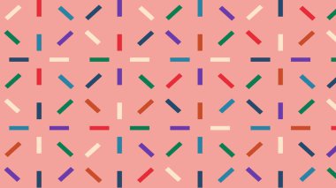 Eğlenceli ve enerjik tasarım. Renkli kısa çizgiler ve pembe arkaplanda eğimli dikdörtgenler. Soyut ve dekoratif.
