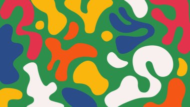 Enerji dolu ve genç görsel kavramlar için üst üste binen mavi, beyaz, sarı ve kırmızı renkli sıvı damlaları olan sanatsal yeşil arkaplan.