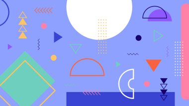 Canlı menekşe menekşe arkaplan üzerinde renkli geometrik şekiller ve Memphis tarzı elementlerle oyuncu soyut kompozisyonu.