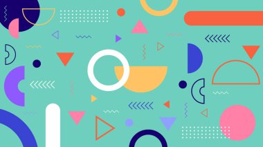 Nane yeşili arka planda renkli daireler, üçgenler ve kıvrımlı elementlerle oyuncu ve enerjik soyut arkaplan.