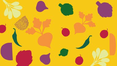 Canlı sarı arka plan, pancar kökü, kırmızı biber ve düz yapraklı yeşiller, organik ve çiftlik temalı görseller için mükemmel..