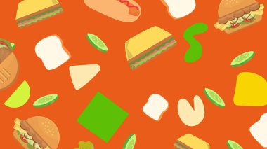 Yumurtalı tost, sandviç, domates dilimleri ve yumuşak ekmekle dolu eğlenceli yeşil bir arka plan. Tuhaf fast food sanatı..