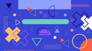 Çarpılar, üçgenler, noktalar ve renkli örtüler de dahil olmak üzere canlı şekiller içeren koyu mavi bir arkaplan üzerinde Memphis tarzı soyut çizimler.