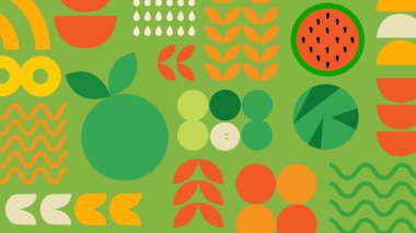 Taze yeşil portakal grafikleri, kavun ve dalgalı elementler soyut, stilize tasarım, eko markalaşma için ideal