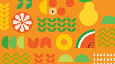 Turuncu bir tarlada turuncu meyve dilimleri, dalgalar ve yaprak sembolleri. Meyve suyu ambalajı ve tropikal temalar için mükemmel..