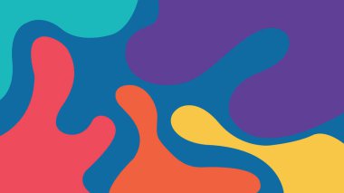 Kırmızı, mavi, mor, sarı ve turkuazlı dinamik kabarcıklarla renkli soyut görsel akışkan bir modern sanat arkaplanı oluşturuyor.