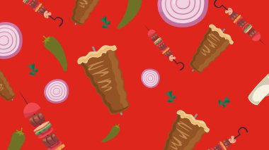 Canlı kırmızı bir zemin üzerinde soğan ve maydanozlu Türk usulü et şişleri, mutfak ve kültürel tasarım temaları için mükemmel..