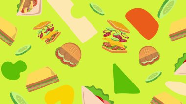 Açık yeşil gıda illüstrasyonunda kulüp sandviçleri, hamburgerler, salatalıklar ve aperatifler yer alıyor. Taze öğle yemeği temalı yerleşim.