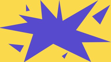 Cesur mor yıldız patlamaları ve keskin şekiller içeren soyut sarı arkaplan, modern pop sanatları veya çizgi romanlar için ideal..